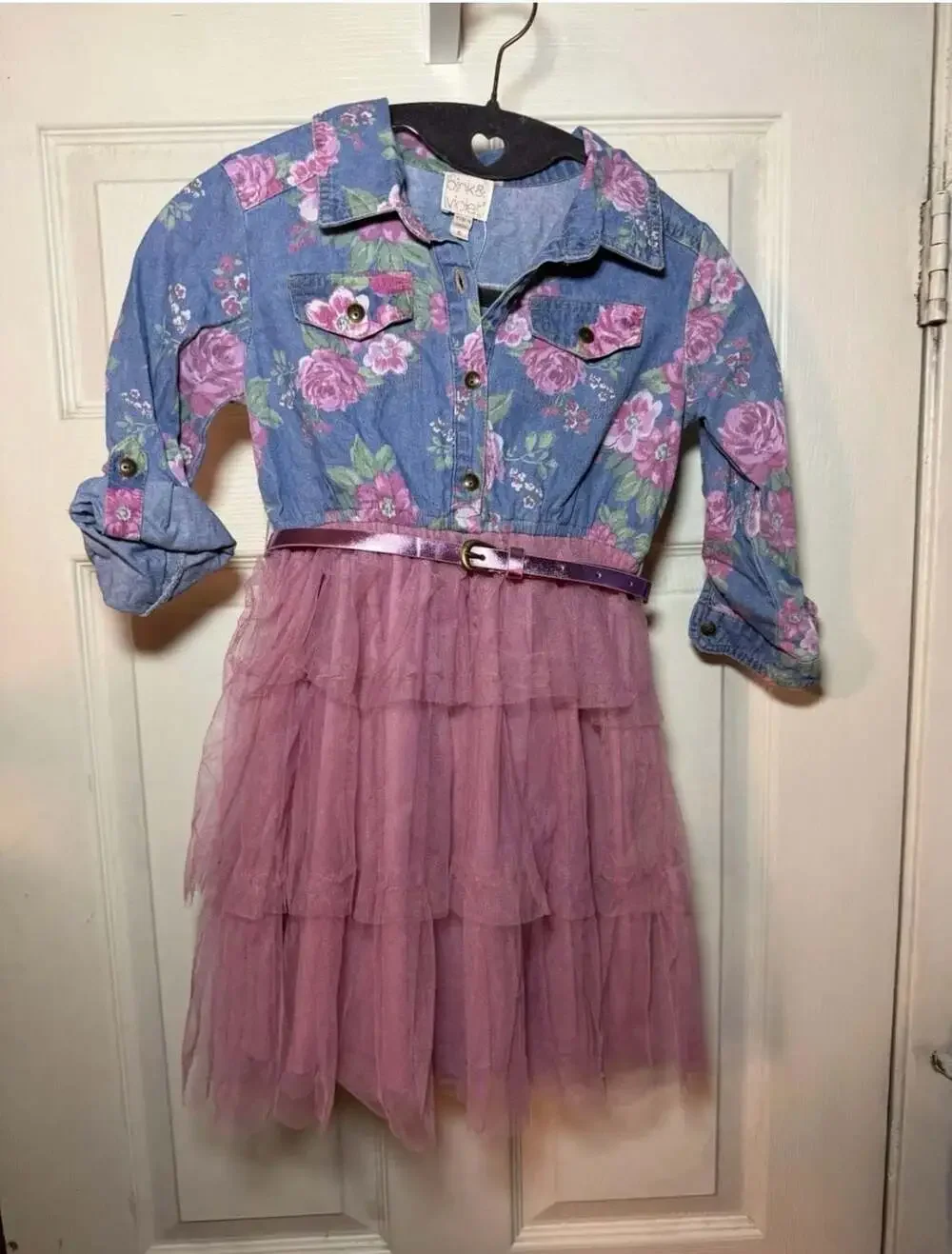 Pink & Violet Girls Floral Print Denim Bodice Tulle Tutu Dress w/ Metallic Belt